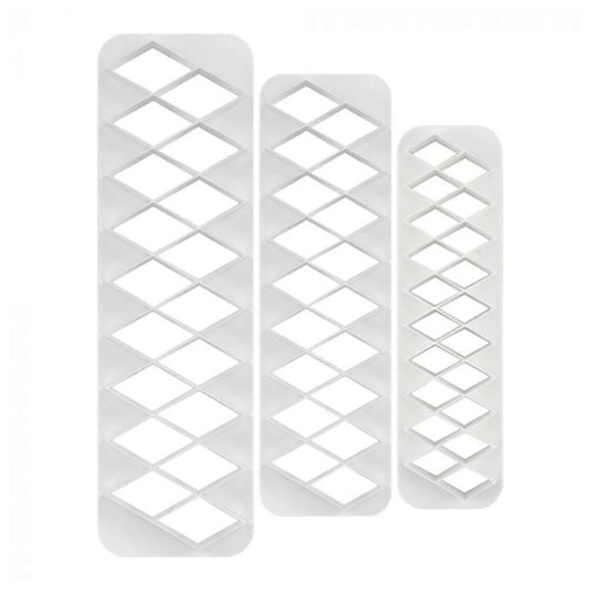 Set of three white plastic Ateco geometric fondant cutters, each featuring a diamond grid pattern for creating uniform shapes.
