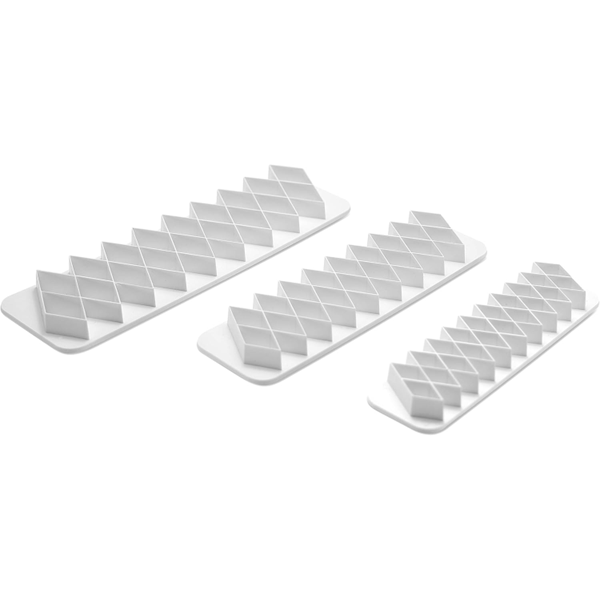 Set of three white plastic Ateco geometric fondant cutters, each featuring a diamond grid pattern for creating uniform shapes.