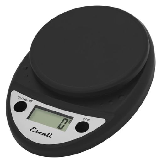 A compact black digital kitchen scale with a round removable weighing platform, a digital display, and two simple buttons for tare and unit conversion.