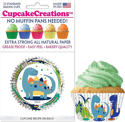 Cupcake Baking Liners with colorful cartoon dinosaurs