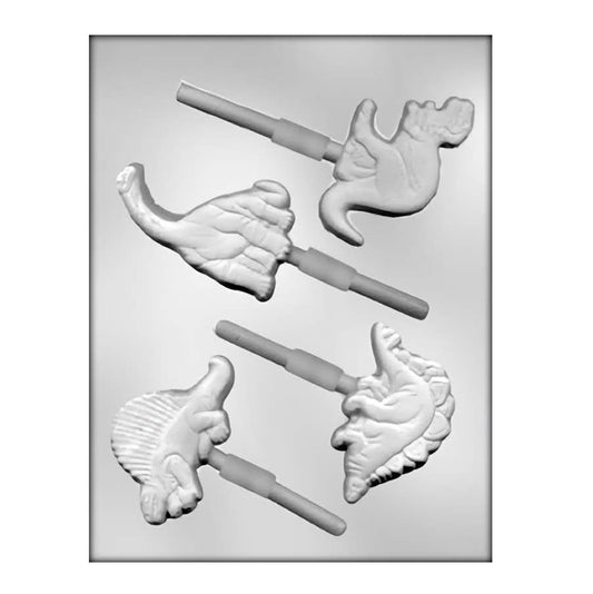 A chocolate mold designed for making dinosaur-shaped suckers, featuring three-dimensional figures of different dinosaurs including a T-Rex, Triceratops, and Brontosaurus, each attached to a stick for easy handling.