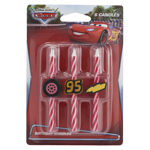 Disney Pixar Cars birthday candle set with red and white spiral candles topped with Lightning McQueen icons: 95, tire, and lightning bolt in retail packaging.