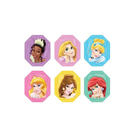 Glistening Disney Princess gemstone cupcake toppers, each showcasing a different princess encased in a colorful gem-like border, ideal for adding a royal touch to desserts, found at Lynn's Cake, Candy, and Chocolate Supplies.
