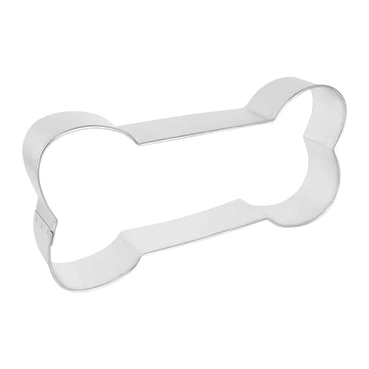 Side-angle view of a dog bone cookie cutter, highlighting its sturdy build and defined shape.