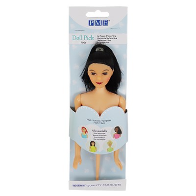 Aria PME Black Haired Doll Pick in packaging, featuring dark hair and designed for use in 3D princess or fairy doll cakes.