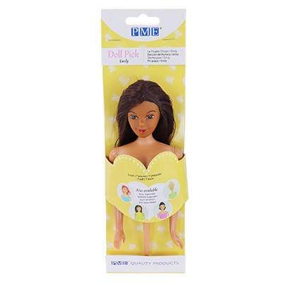 Emily PME Brunette Haired Doll Pick in packaging, featuring dark hair and designed for use in 3D princess or fairy doll cakes.