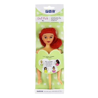 Mia PME Red Haired Doll Pick in packaging, featuring red hair and designed for use in 3D princess or fairy doll cakes.