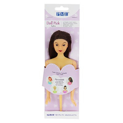 Sophia PME Brunette Haired Doll Pick in packaging, featuring dark hair and designed for use in 3D princess or fairy doll cakes.