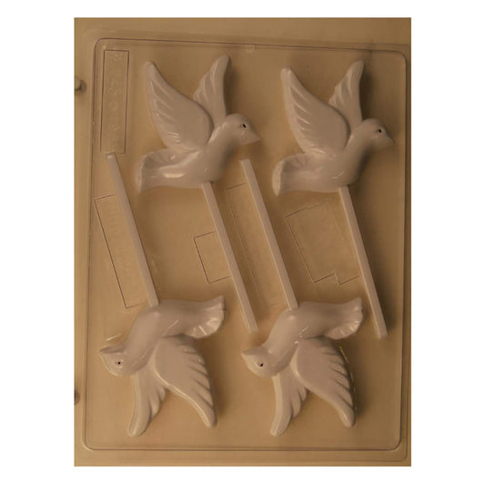 Elegant dove in flight chocolate lollipop mold, capturing the peaceful bird mid-flight, symbolizing love and harmony for celebrations and religious occasions.