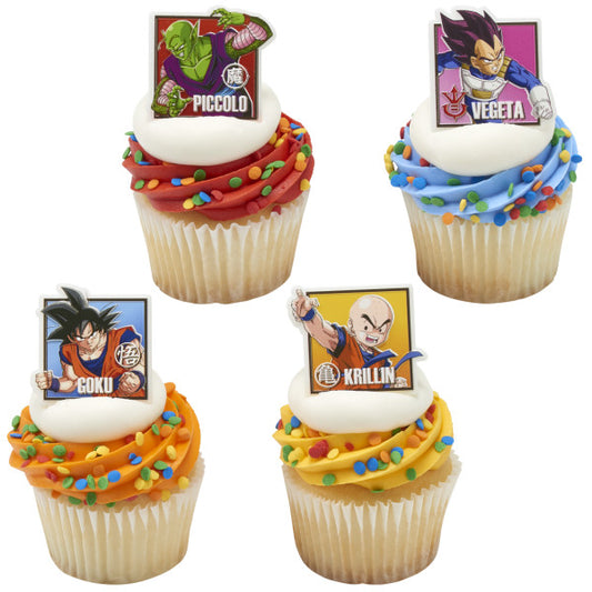Four cupcakes topped with Dragon Ball Z cupcake rings featuring Piccolo, Vegeta, Goku, and Krillin, decorated with colorful frosting and sprinkles.
