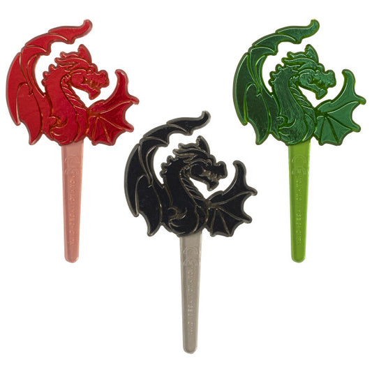 Set of three plastic dragon cupcake picks in red, black, and green, ideal for fantasy cake and cupcake decorating.