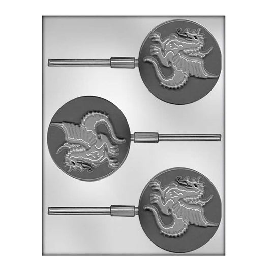 Chocolate mold for creating dragon-shaped suckers, featuring three distinct dragon designs with intricate details, embossed on a circular base attached to a stick handle, all set within a rectangular mold frame.