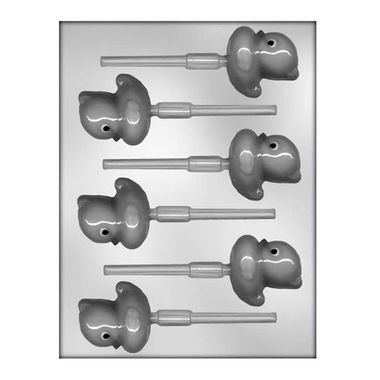 This image shows a chocolate mold with six cavities, each designed to create a rubber ducky shaped sucker. The ducks are depicted in a side profile with detailed features including a beak, eye, wing, and tail, capturing the essence of the waterfowl.