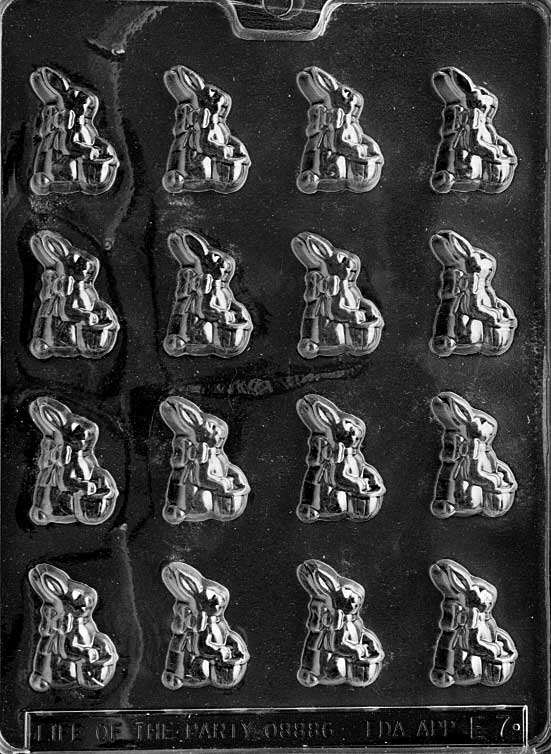 Mini bunny chocolate mold with basket detail. Designed for spring chocolate creations.