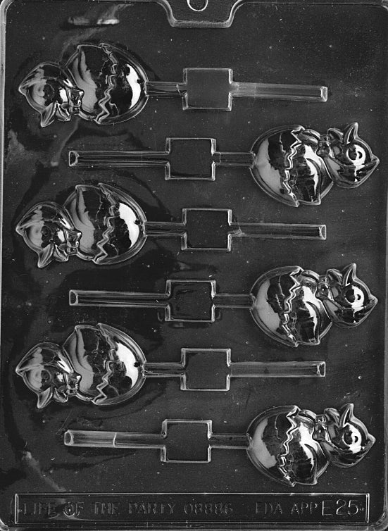 Chocolate mold of a baby chick emerging from an egg, includes cavity for Lollipop stick.