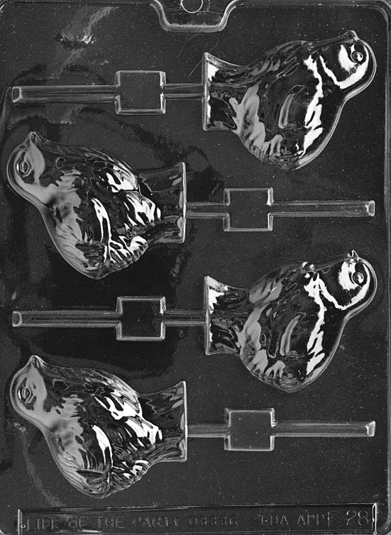 Lollipop mold of a plump chick with round body and small beak. Designed for spring treats.