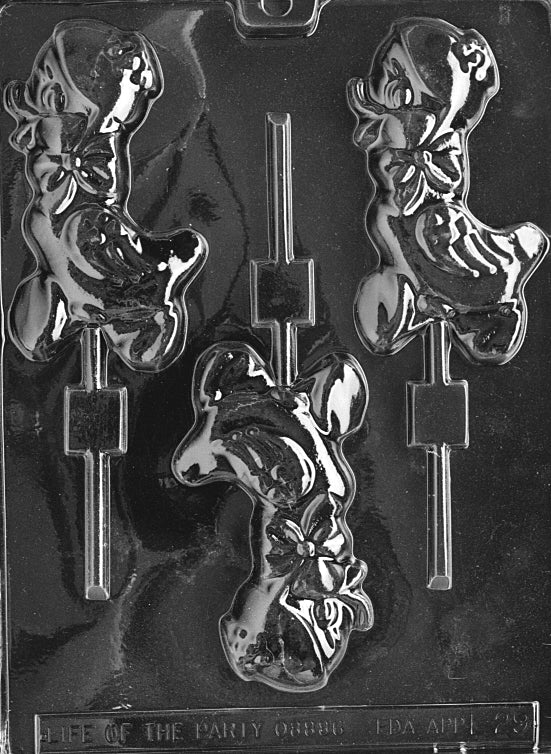 Chocolate mold of large duck with extended body and feather detail. Includes cavity for Lollipop stick.