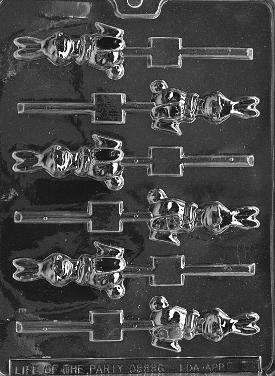 Chocolate mold of bunny jumping with stretched paws and Lollipop stick slot. Designed for spring candy.