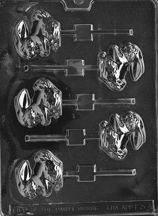 Chocolate mold of a bunny in a hopping motion with lifted legs and Lollipop stick slot.