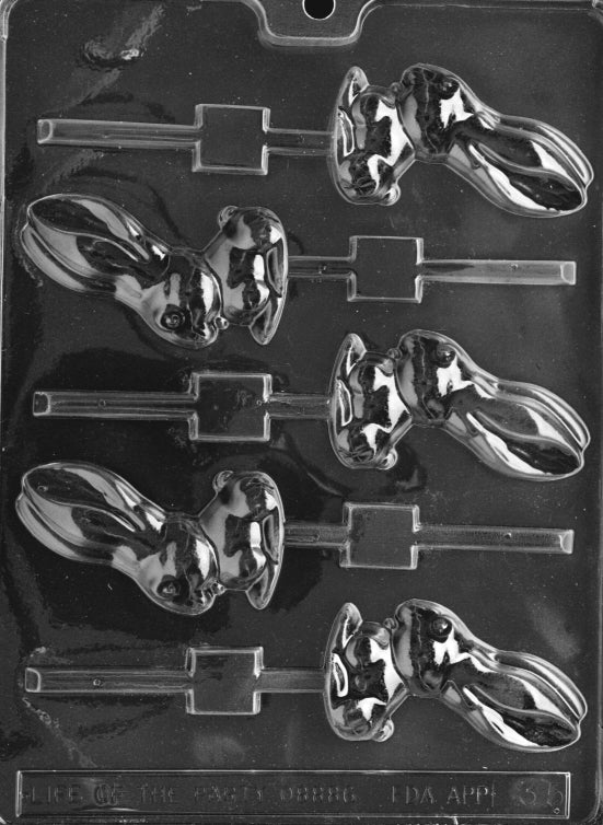 Bunny chocolate mold with large upright ears and soft expression. Ideal for spring designs.