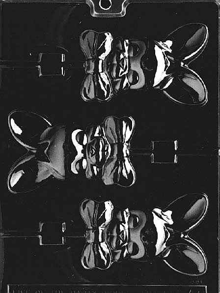 Tall bunny chocolate mold with bowtie detail and stick slot for Lollipop format.