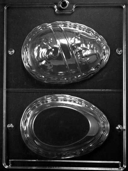 Large egg-shaped chocolate mold with flat surface for customization.