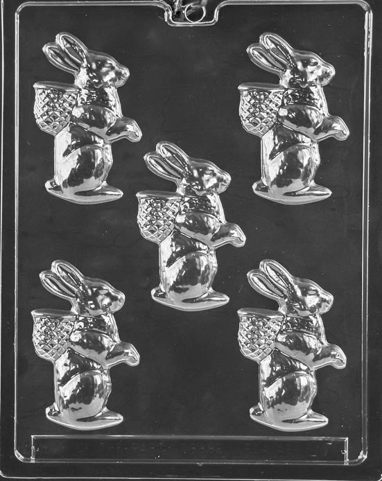 Chocolate mold of bunny holding basket, perfect for traditional Easter treats.