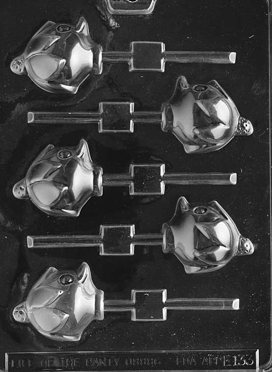 Chocolate Lollipop mold of duck wearing a hat.