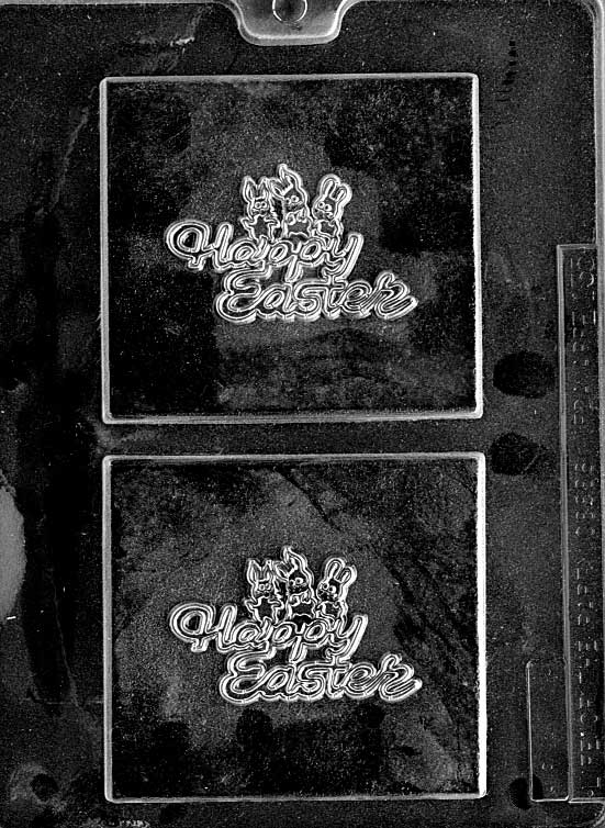 Chocolate mold shaped as square bar embossed with Happy Easter text.