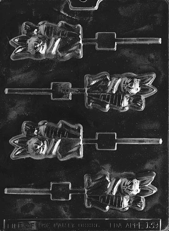 Chocolate mold of bunny with carrot designed as a lollipop.