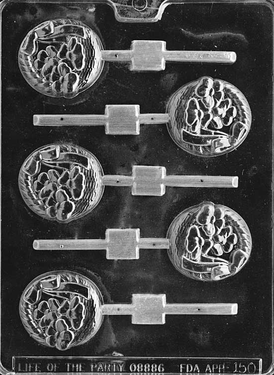 Chocolate mold shaped like a round basket with flower accent.