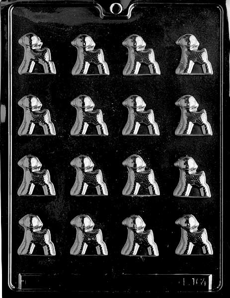 Bite-Sized Lambs mold E164, small lamb shapes with curly fleece texture; petite dimensions around 1.3 inches.