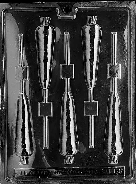 Carrot Lollipop mold E166, long carrot chocolate pop with leafy top; narrow silhouette about 4 1/4 inches.