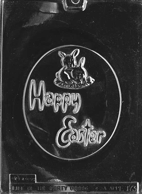Large Oval Happy Easter mold E173, big oval chocolate plaque with raised Happy Easter text and border; substantial thickness.