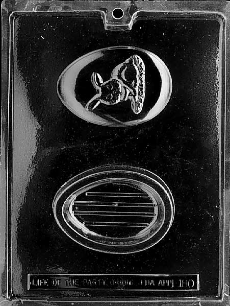 Pour Egg with Bunny Top mold E180, chocolate egg container with rabbit-themed lid; deep cavity suitable for fillings.