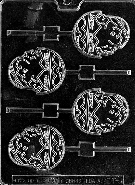 Chocolate mold of hatching chick with Happy Easter lettering.