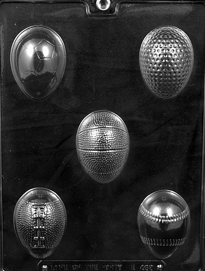 SPORTS THEMED EGGS mold featuring eggs styled like basketballs, footballs, and more.