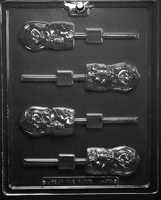 BUNNY WITH BASKET Lollipop mold showing bunny figure holding basket on a pop stick.