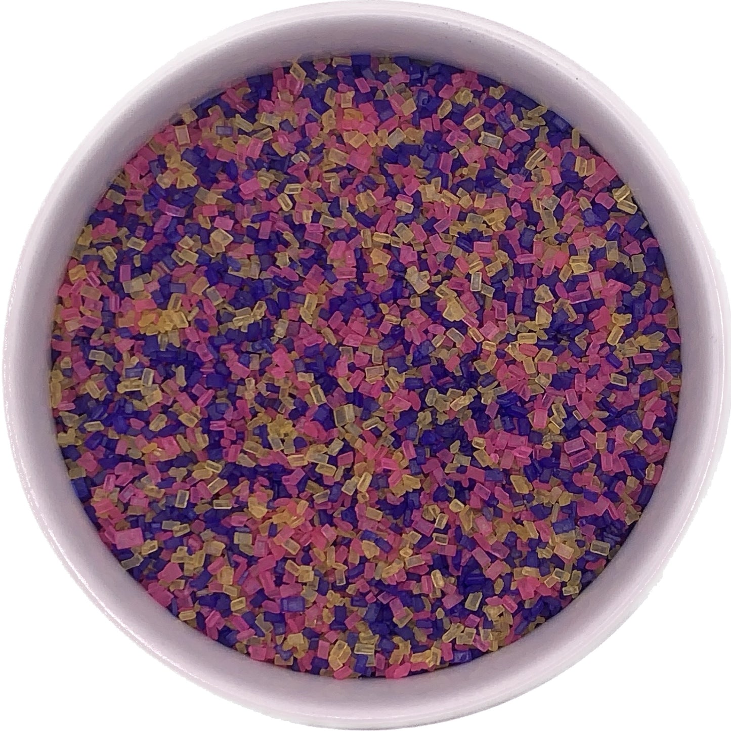 Easter coarse sugar in pink, yellow, and purple crystals in a white container for decorating cakes, cookies, and candies