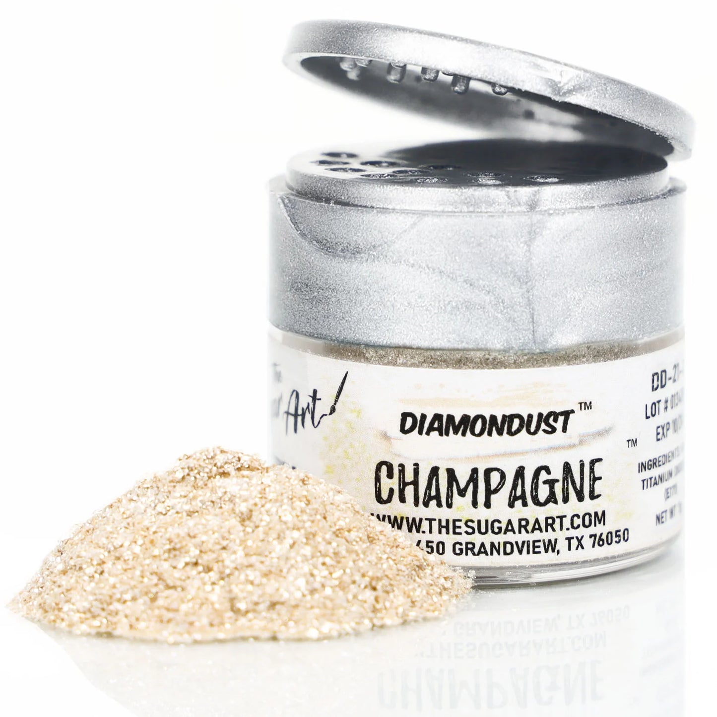 Open jar of DiamondDust Champagne edible glitter with a metallic silver lid and a mound of warm champagne-gold sparkles beside it; label reads “CHAMPAGNE.”
