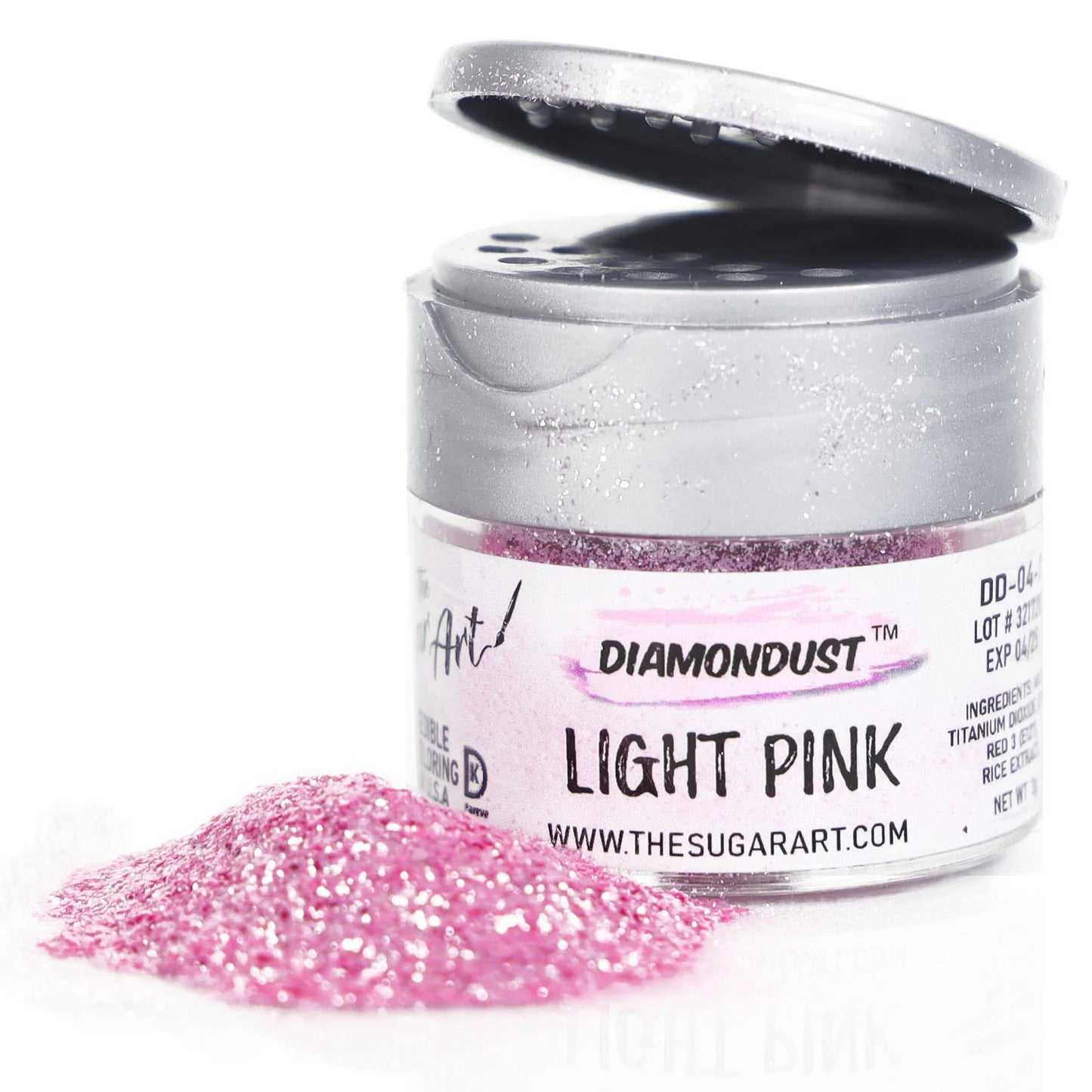 Open jar of DiamondDust Light Pink edible glitter with a mound of fine pink sparkle in front; silver flip-top lid and label visible. Keywords: light pink edible glitter, DiamondDust, cake decorating.
