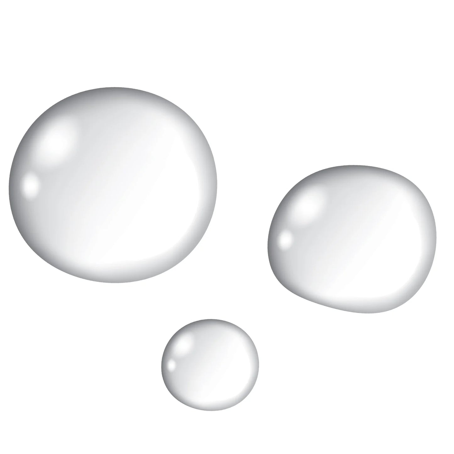 Three glossy clear drops of edible glue in different sizes, shown on a white background.