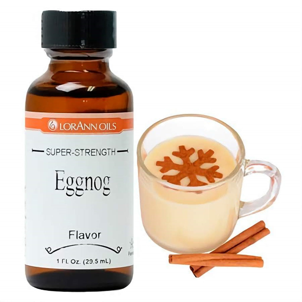 LorAnn Oils Super Strength Eggnog Flavor, 1 fl oz, beside a cup of creamy eggnog with a cinnamon garnish, conjuring the classic holiday-spiced beverage.
