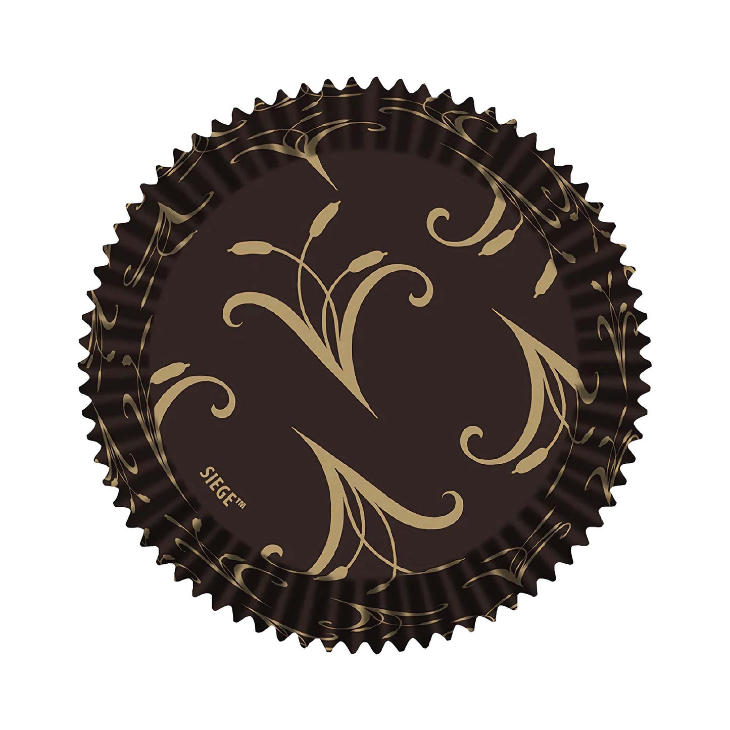 Overhead view of a single jumbo baking cup featuring a gold swirl pattern on dark paper.