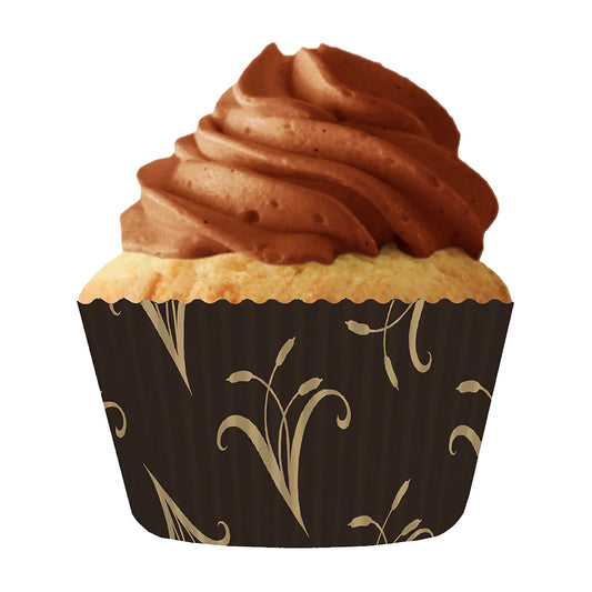 Close-up of a cupcake in a black and gold scroll-patterned jumbo baking cup.