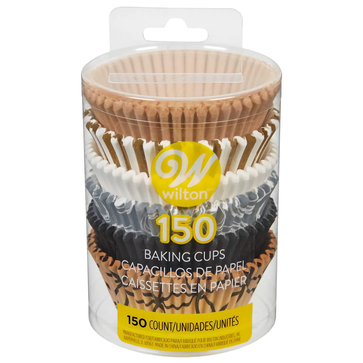Elegant designs cupcake liners, 150 count, by Wilton. Packaged in a clear plastic container, showcasing various colors and patterns, including gold, black, white, and silver.