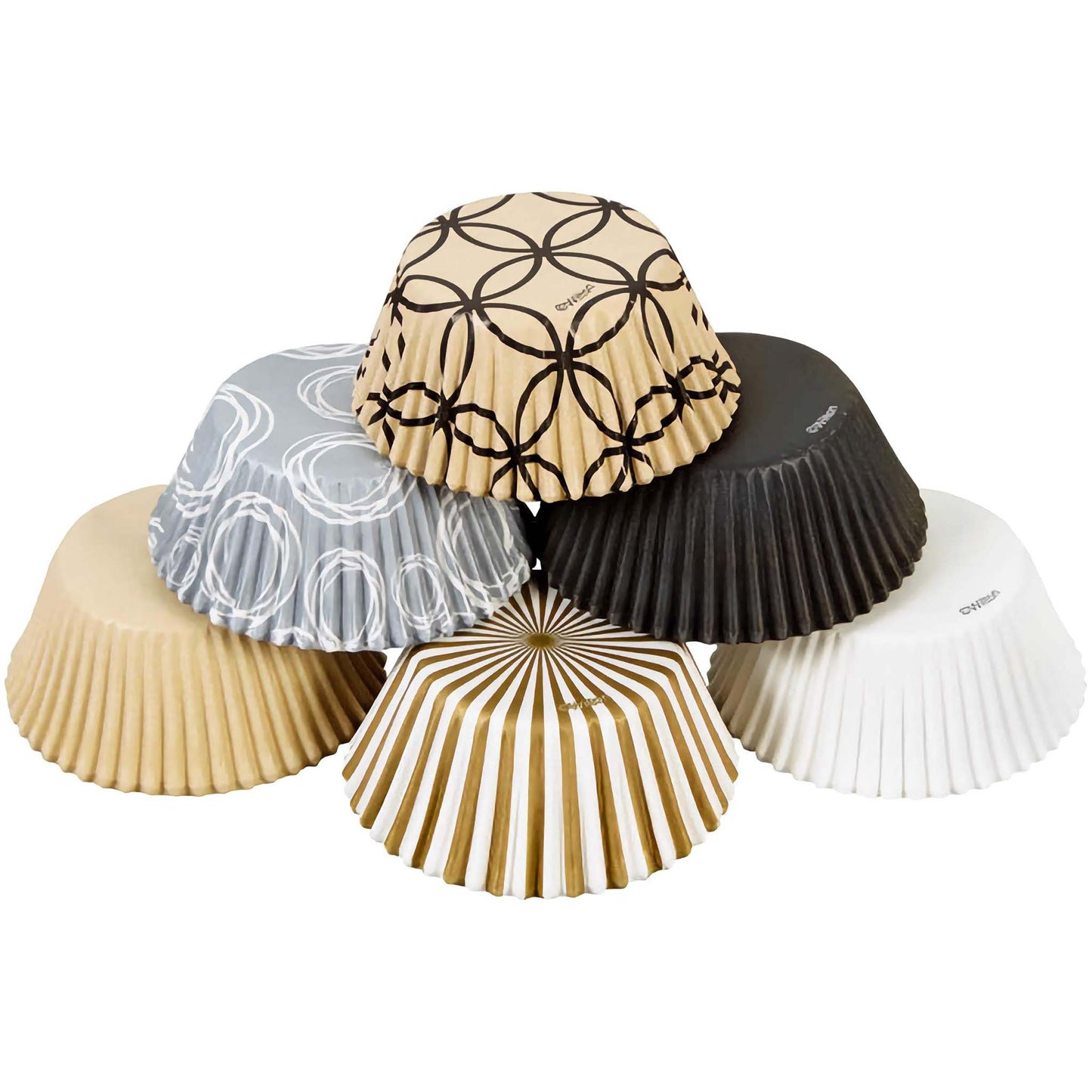 Elegant designs cupcake liners, stacked in a pyramid. Various colors and patterns are displayed, including gold, black, white, and silver with stripes and circles.