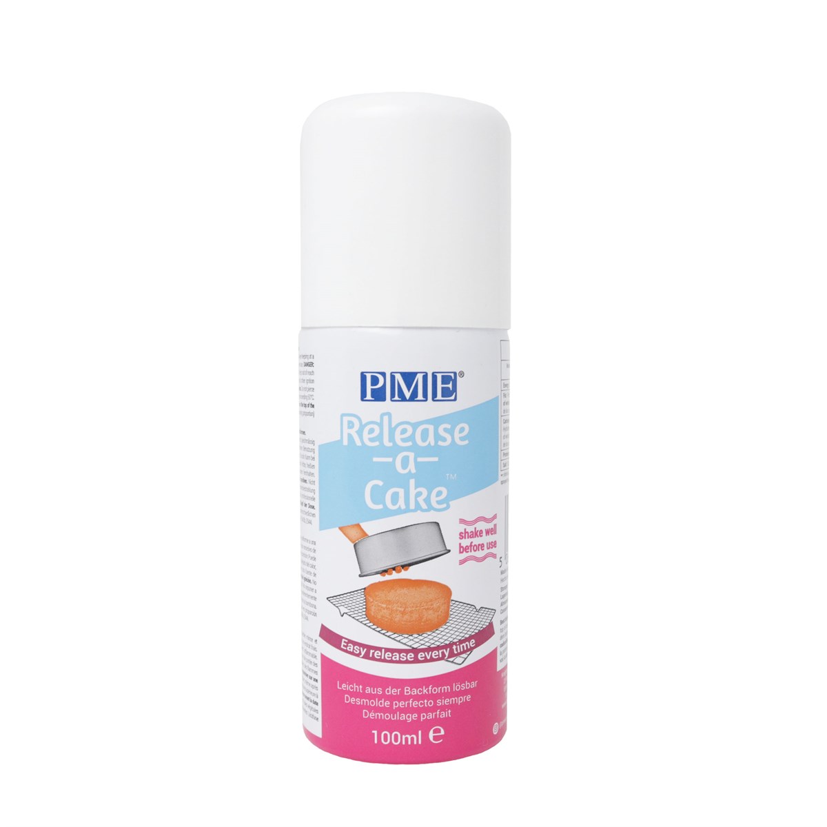 PME Release-a-Cake non-stick spray in 100ml can for easy cake release without greasing or flouring, ideal for smooth baking results.