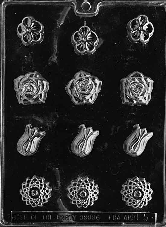 ASSORTED FLOWERS mold with multiple flower shapes for small chocolates.