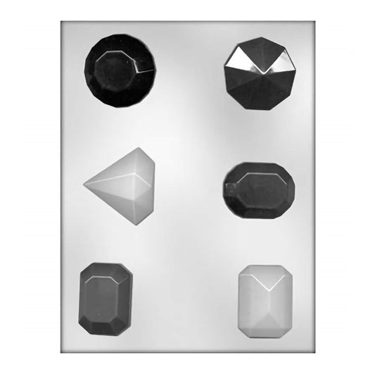Chocolate mold for creating various faceted jewel shapes, including round cut, princess cut, and emerald cut designs. Each cavity is detailed to mimic the intricate facets of gemstones, ideal for creating elegant chocolate treats with a luxurious appearance.